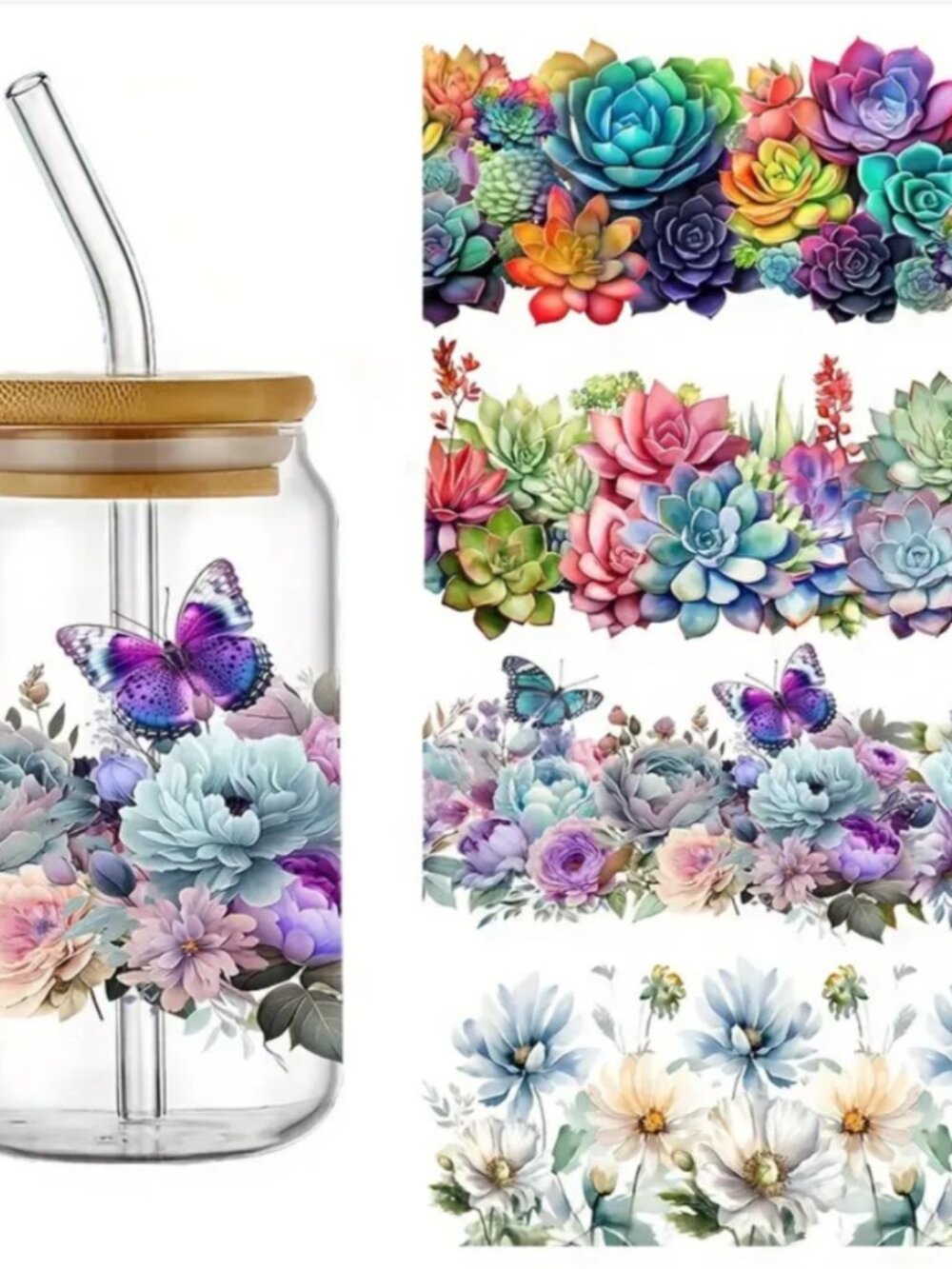 Succulent Rainbow UV DTF Tumbler Wrap Stickers Waterproof Transfer Set 4 Sheets